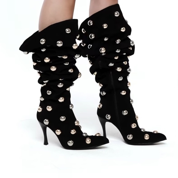 New Jeffrey Campbell Slouchy Over The Knee Studded Black Suede Boots - Picture 2 of 15